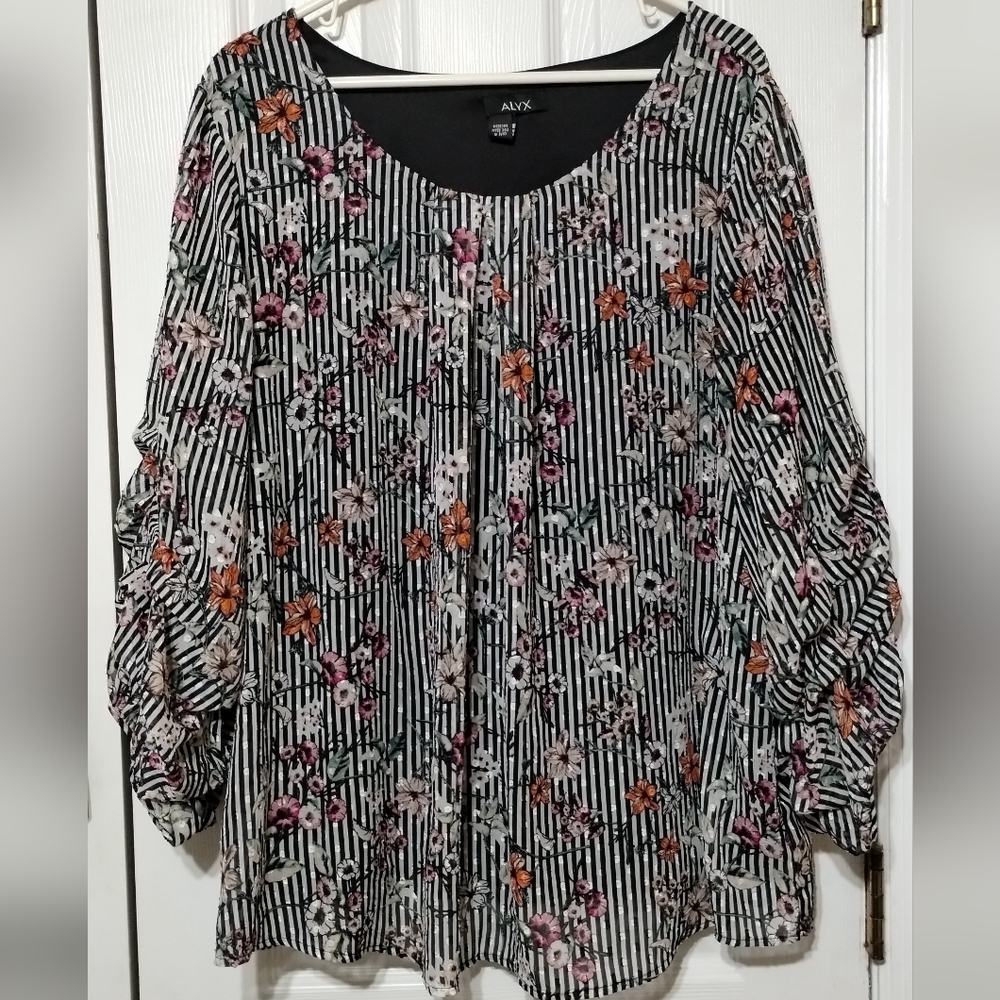 ALYX Women's Size 3X Floral Striped Blouse Top - Black and Pink